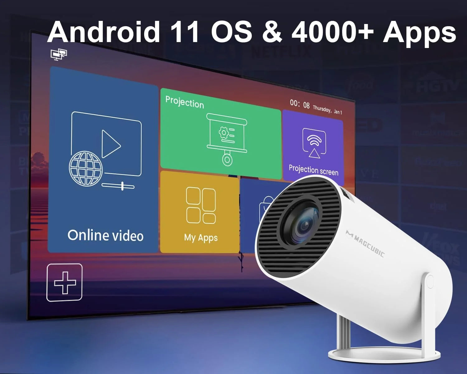 Mini Projector with Android 11, Portable Projector 4K 1080P Full HD Support, Smart Projector Wifi6 BT5.0 Auto Horizontal Correction, 180°Rotatable Outdoor Projector for Phone/Tv Stick/Laptop